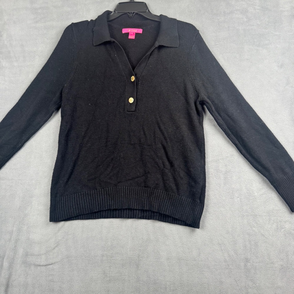 Lilly Pulitzer Black Knit Polo Sweater Gold Logo Buttons XL Long Sleeve Collared